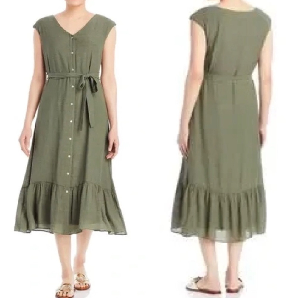 Nanette Lepore Ruffled Flounced Hem Button Down Sleeveless Olive Midi Dress 8